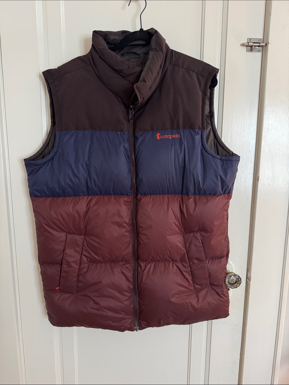 Cotopaxi Brown Navy Maroon Colorblock Down Puffer Vest